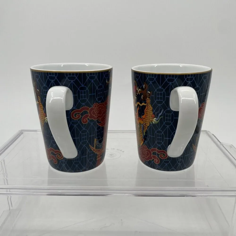 2 Williams Sonoma Lunar New Year Chinese Dragon Mugs Cups Blue Ceramic 12 oz